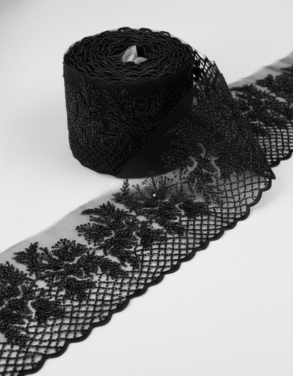Aurora Blossom Beaded Border Lace - (Black)